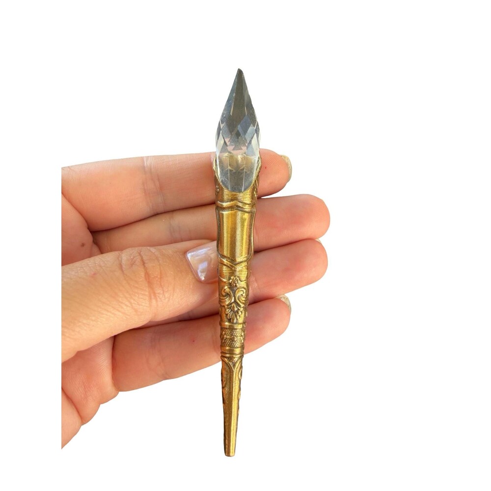 RARE Vtg ERMANI BULATTI Art Deco Ornate Brass Long Brooch Pin w Beveled Crystal